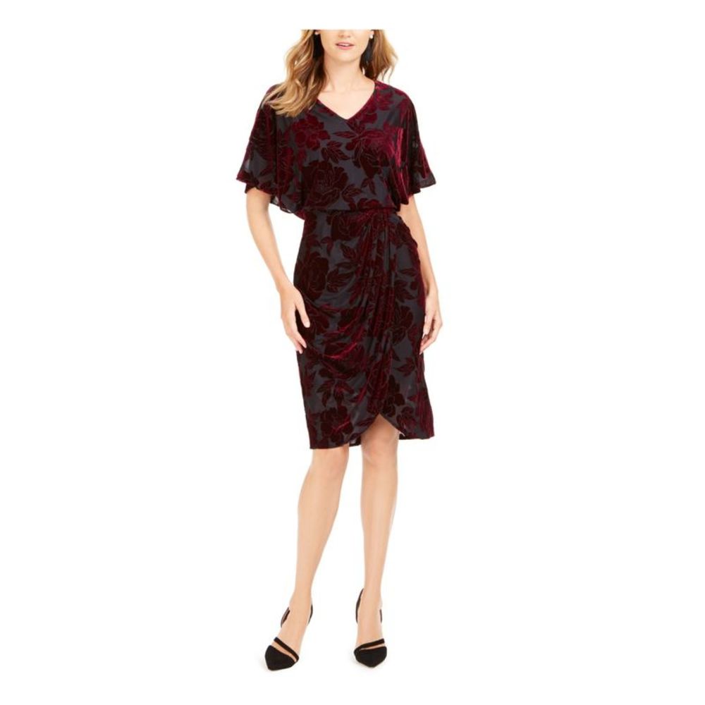 28TH & PARK Womens Burgundy Short Sleeve Knee Length Evening Tulip Dress 14